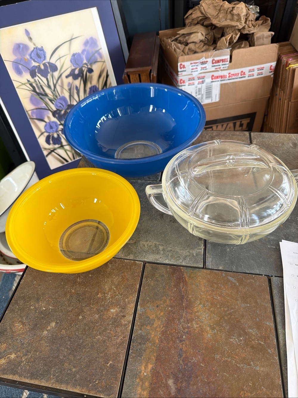 Vintage Blue and Yellow Pyrex Glass Mixing Bowls with Glasbake Queen Anne Casse